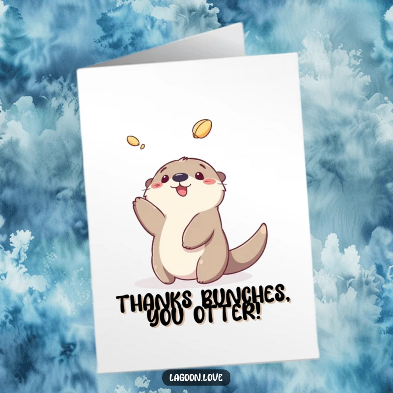 Cute Free Printable Thank You Card featuring a happy cartoon sea otter tossing a shell in appreciation.