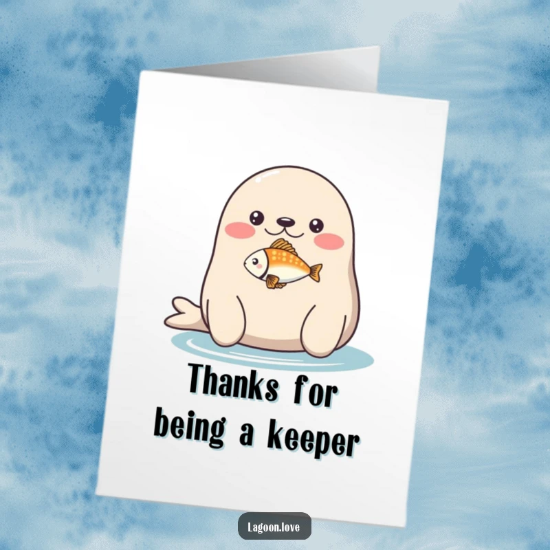 Funny Free Printable Thank You Card: A plump, round seal balancing a small, bright fish on its nose.