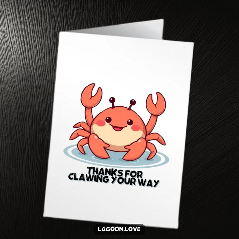 Funny Free Printable Thank You Card: A chubby crab with a smile wiggles its claws mischievously, offering thanks.
