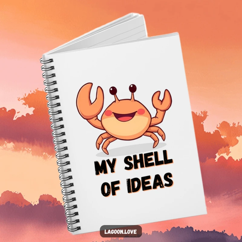 Funny notebook: a cheerful, stubby crab with a wide, open-mouthed grin waves a large claw.