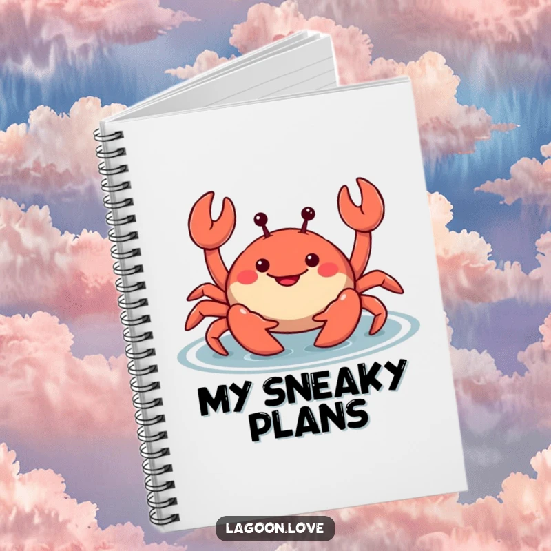 Funny smiling cartoon crab notebook, wiggling its claws mischievously in shallow water, ideal for jotting notes with seaside charm.