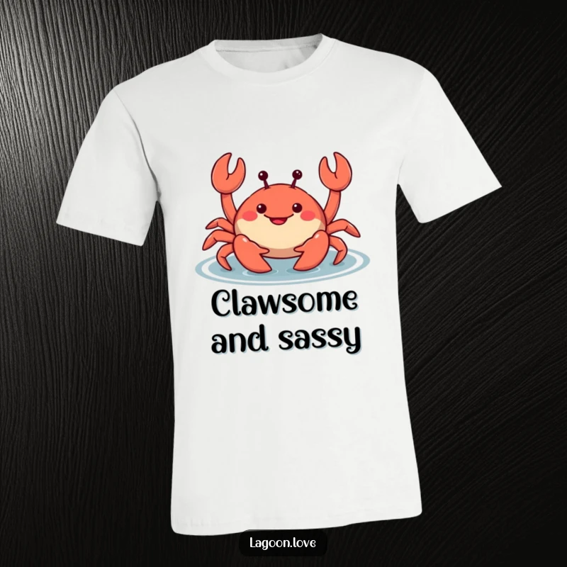 Funny smiling cartoon crab t-shirt, wiggling its claws mischievously in shallow water, a humorous and playful beach design.