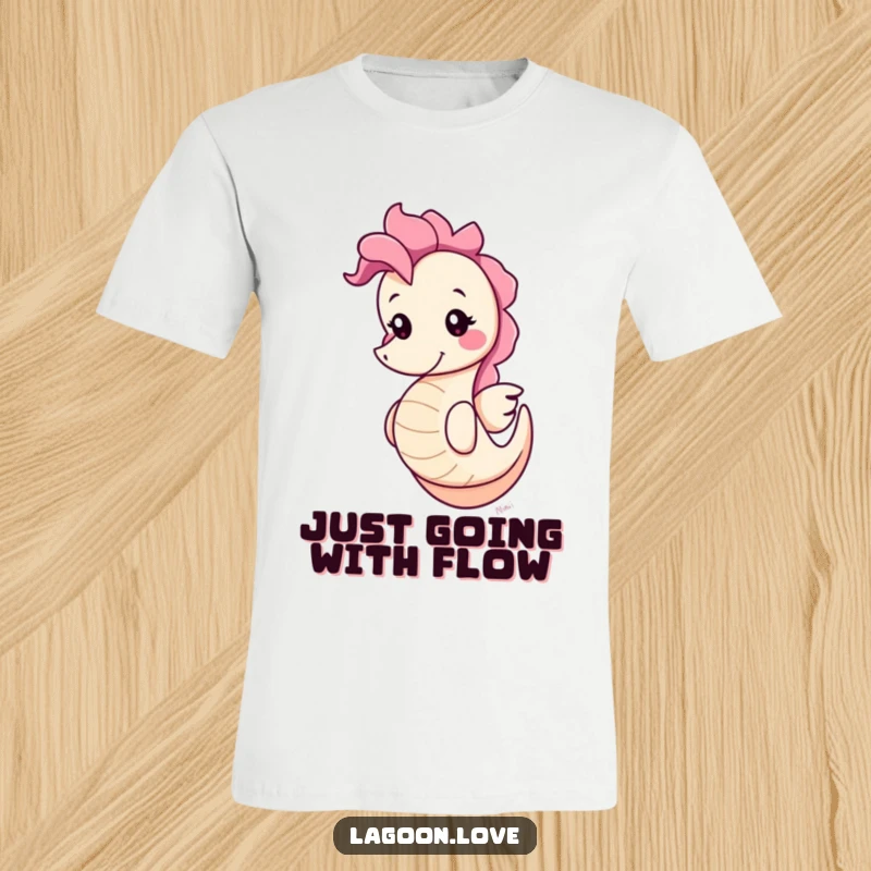 Funny cute round cartoon seahorse t-shirt with a cheerful grin, bobbing playfully, a humorous and charming ocean-themed design.