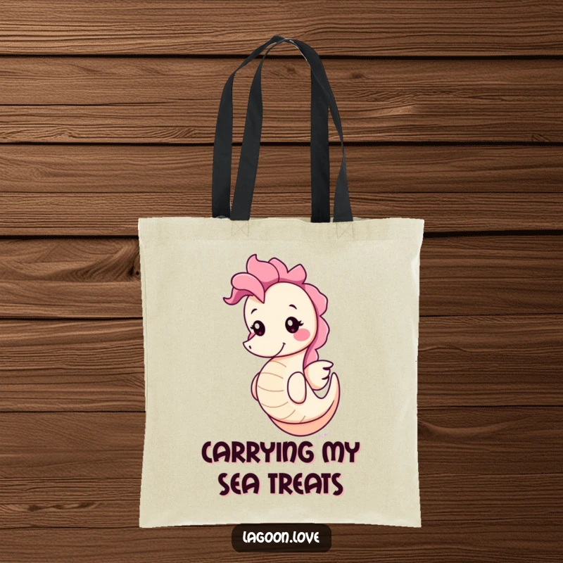 Funny cute round cartoon seahorse tote bag, bobbing playfully with a cheerful grin, practical and humorous for everyday use.