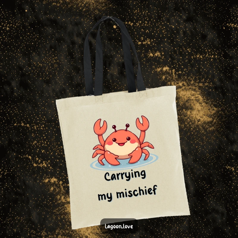 Funny smiling cartoon crab tote bag, wiggling its claws mischievously in shallow water, practical and humorous for everyday use.