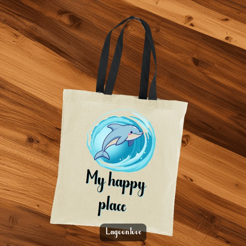 Funny Dolphin Tote Bag featuring a playful dolphin leaping from a cerulean wave, a stylish and humorous ocean accessory.