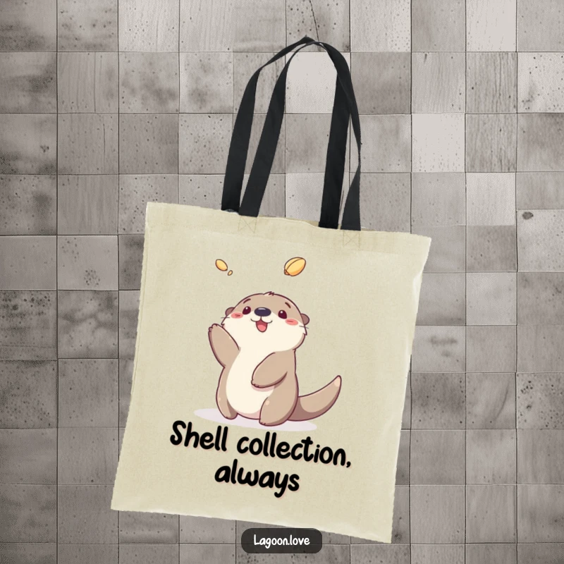 Funny sea otter tote bag depicting a fluffy cartoon otter gleefully tossing a shell, great for shopping.